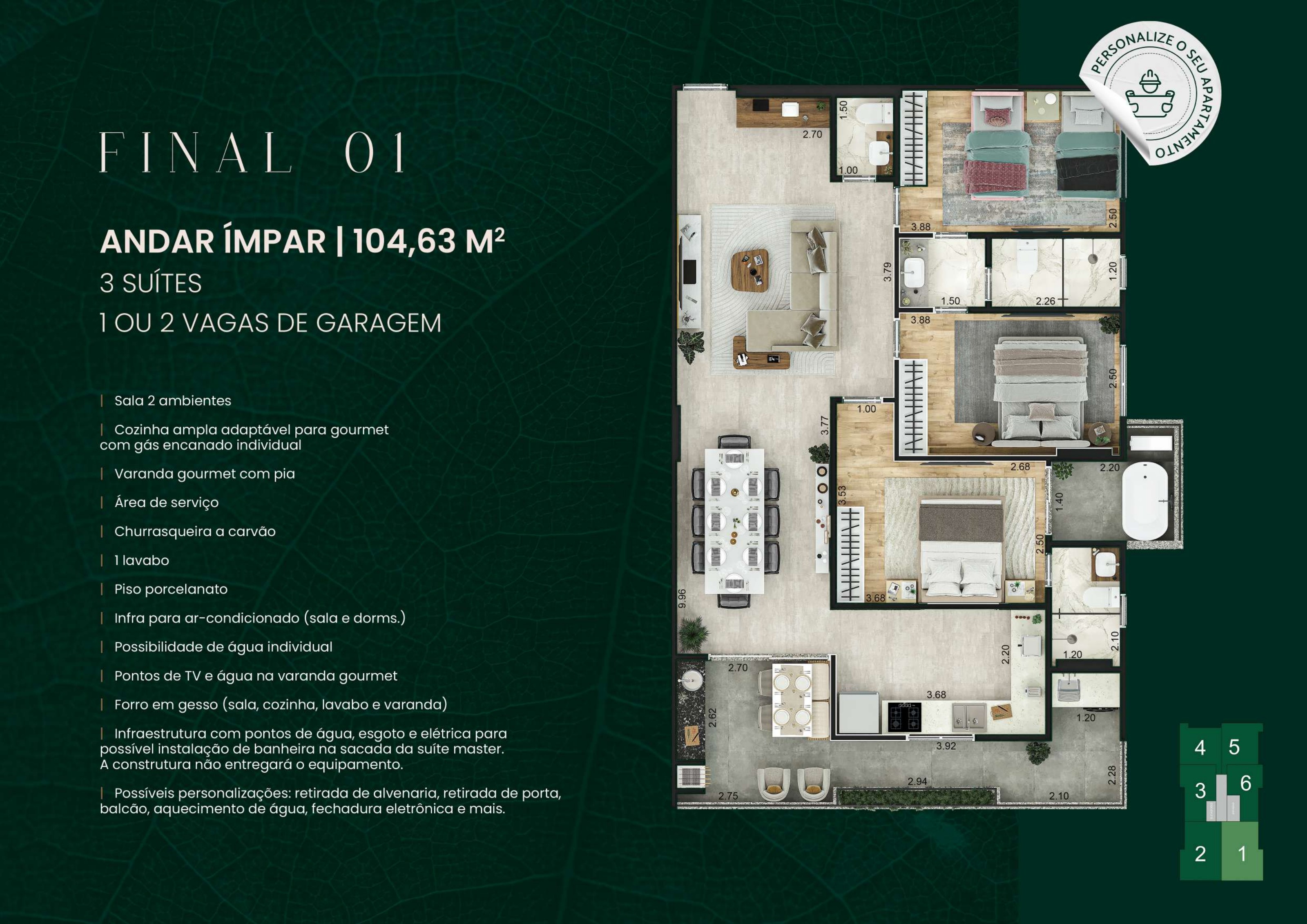 Planta Final 01 — 104,63 m², 3 suítes