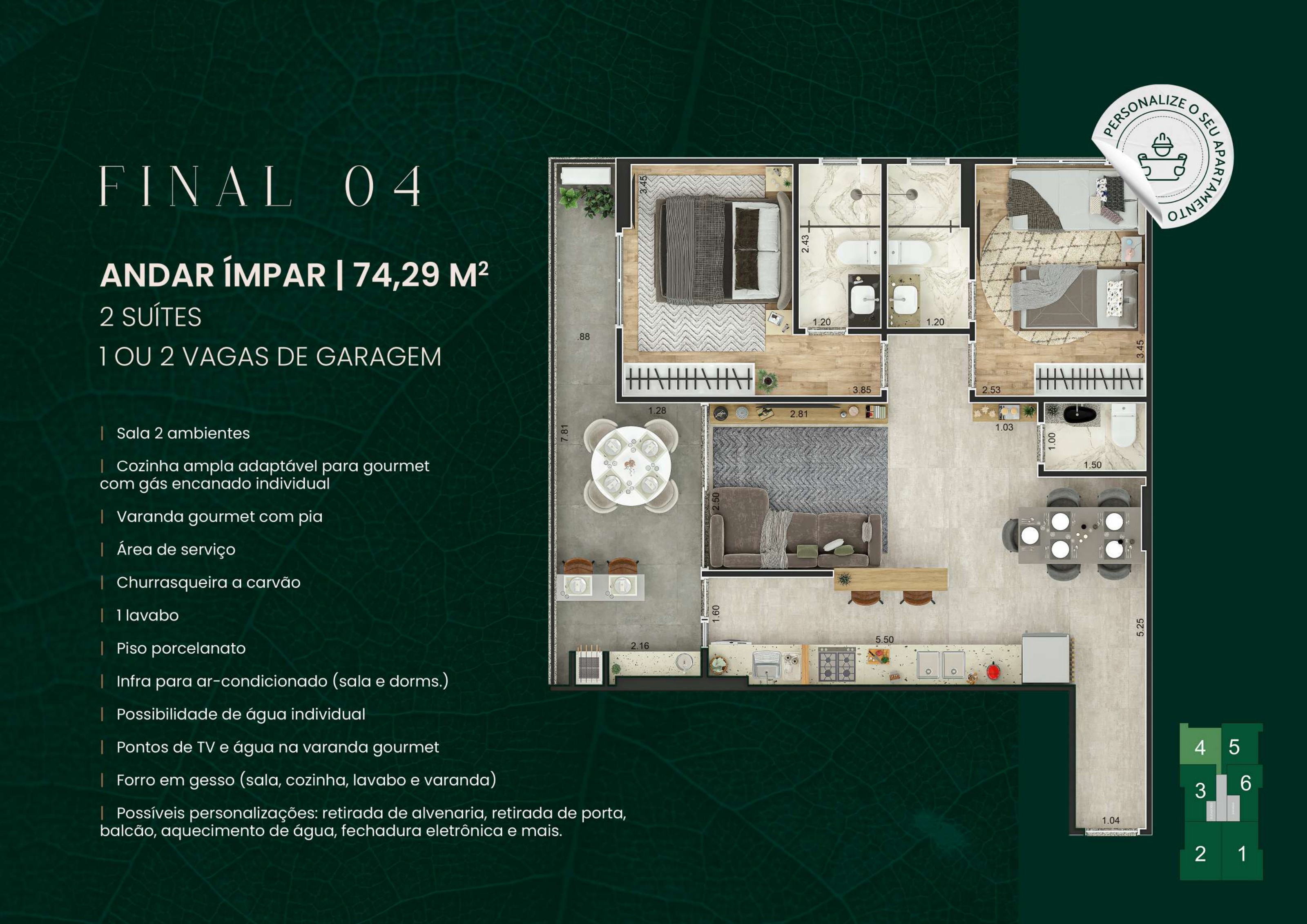 Planta Final 04 — 74,29 m², 2 suítes