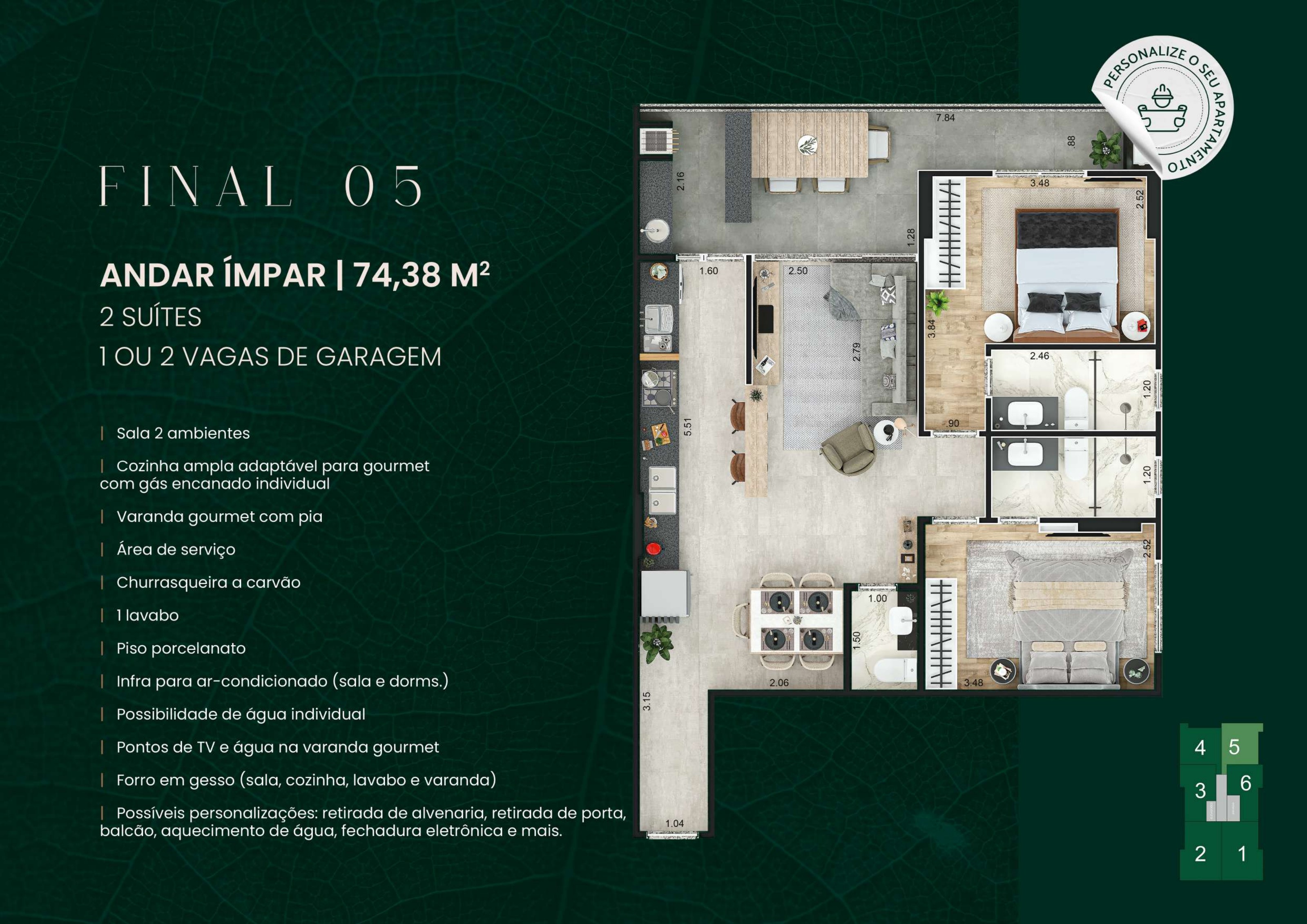 Planta Final 05 — 74,38 m², 2 suítes