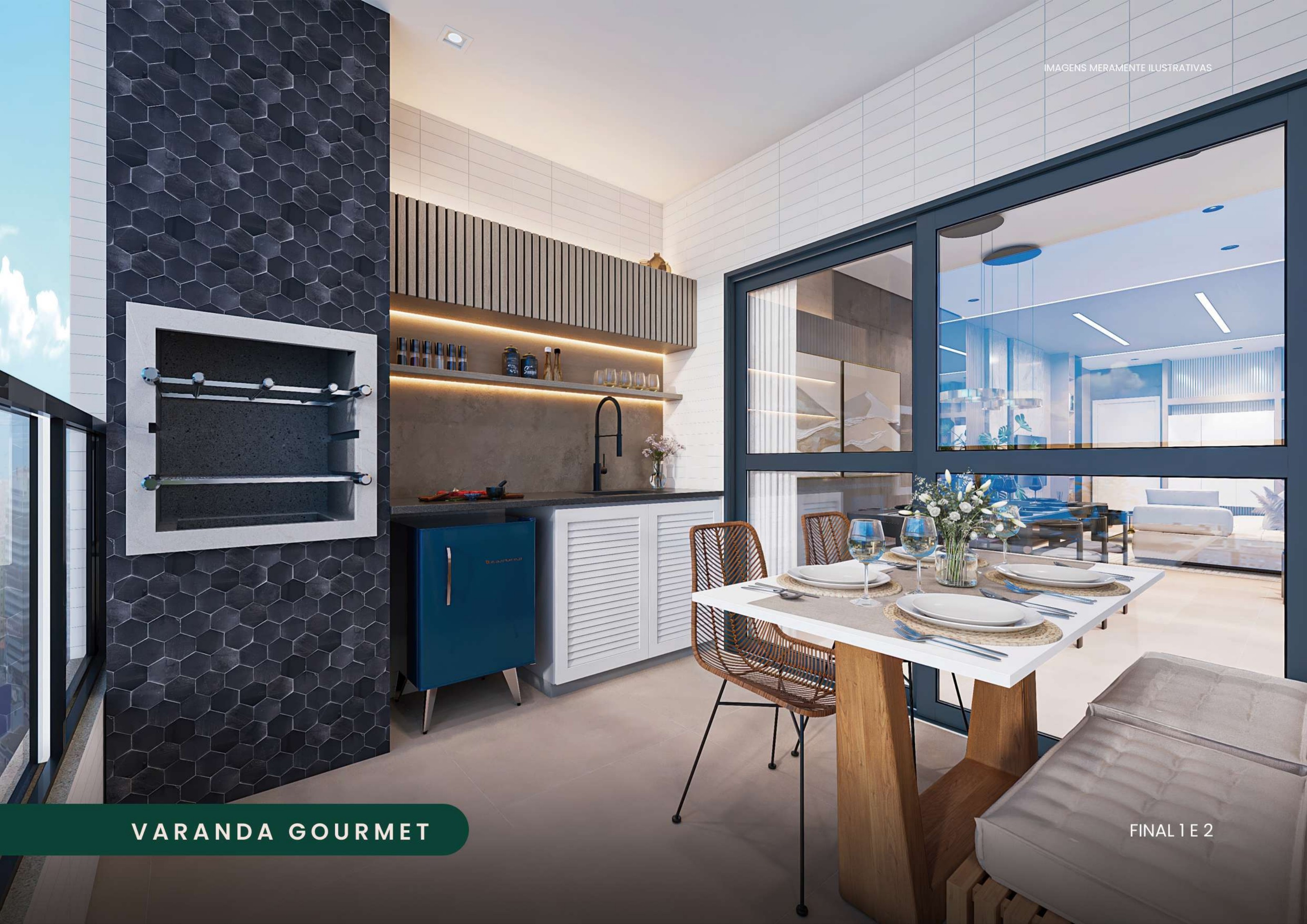 Varanda gourmet com churrasqueira e frigobar